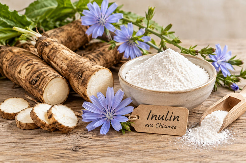 Inulin aus Chicorée mit Chicoréewurzel, Blüten und Inulinpulver