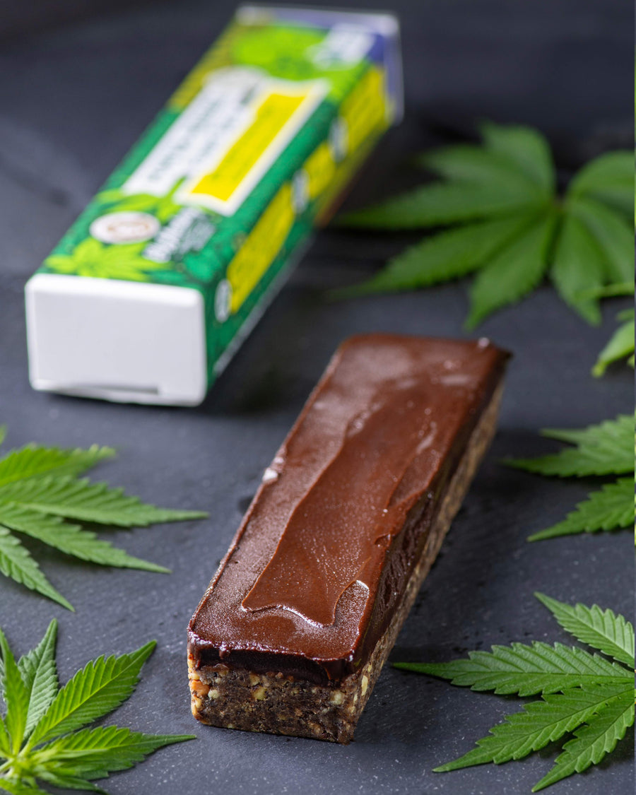 Energieriegel mit Hanfprotein von Elly Momberg mit Hanfblätter und der Orginalverpackung im Hintergrund.