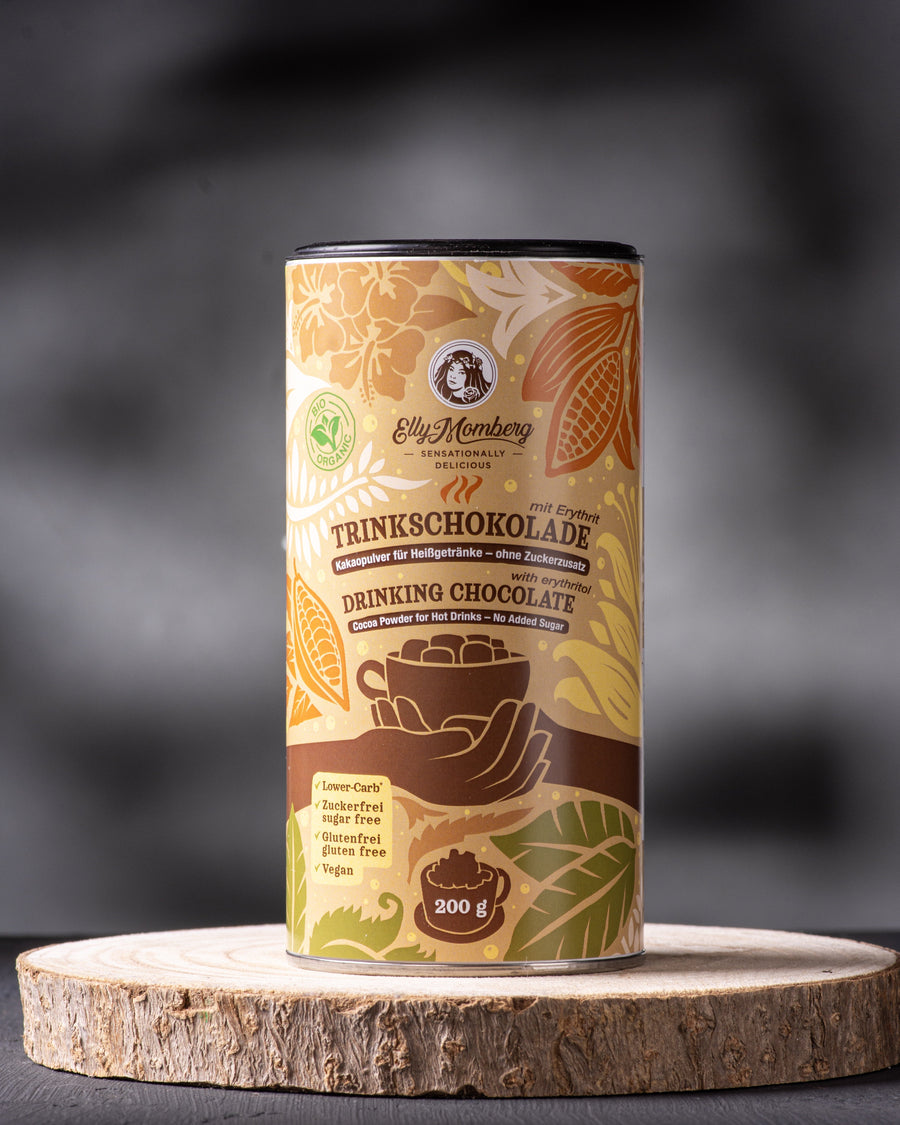 Can of drinking chocolate on a wooden stand with a dark background