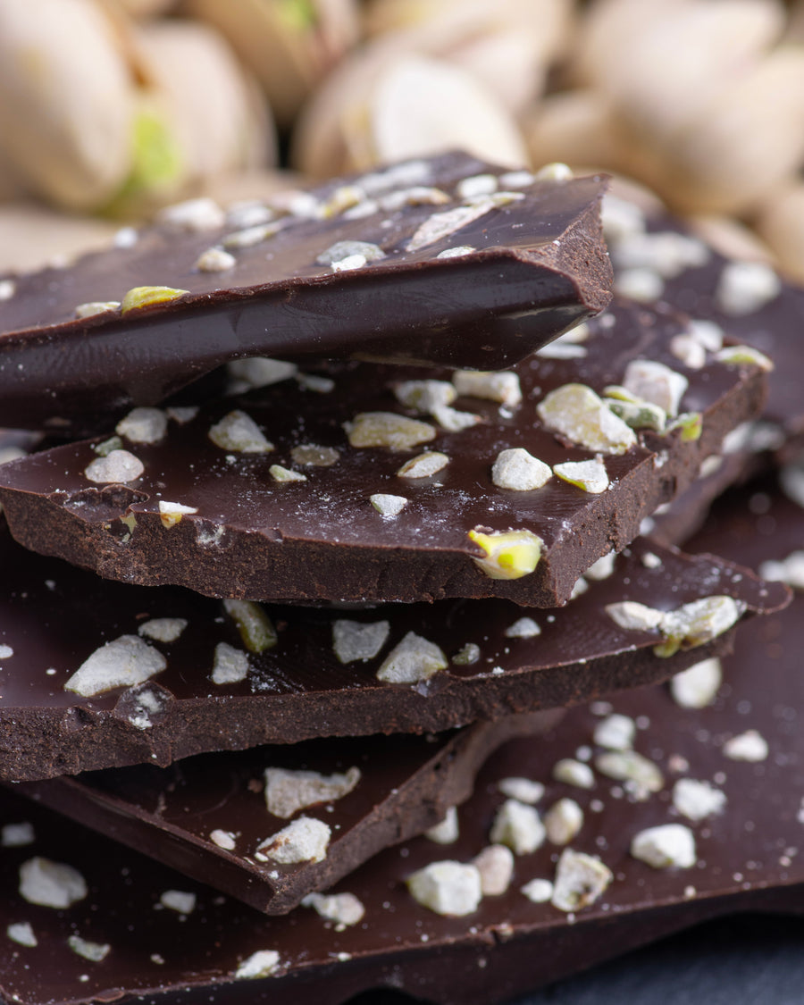 Dark chocolate bark with pistachio pieces and pistachios, 72% ChocDelight with roasted pistachios dark chocolate bar, keto chocolate, no added sugar, vegan, gluten free, diabetics, keto diet, bar of chocolate