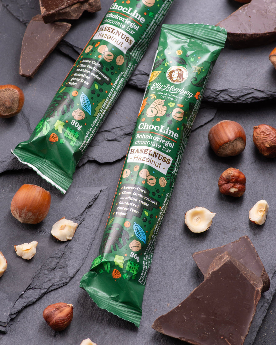 ChocLine chocolate nougat gourmet bar hazelnut with coconut cream filling, coated with dark chocolate, snack, no added sugar, vcsegan, gluten free, lower carb, keto, for diabetics