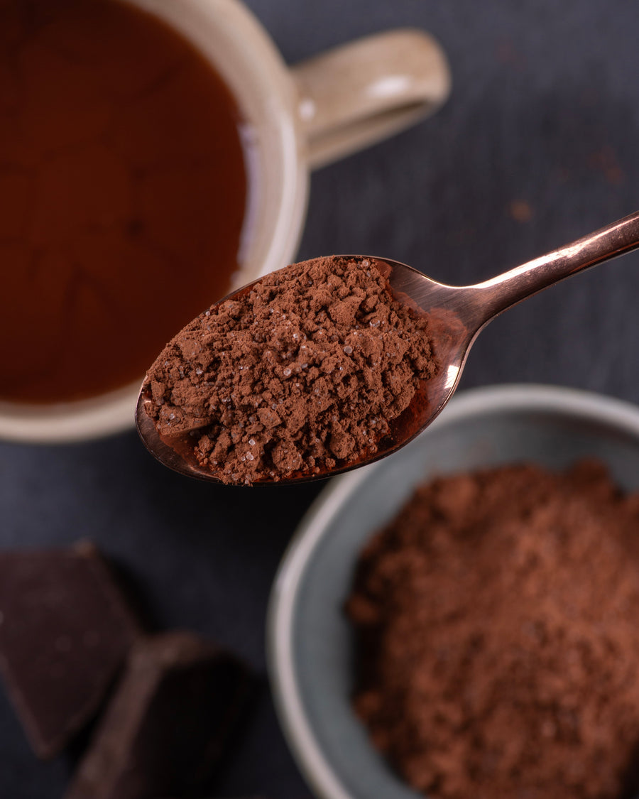 Cocoa powder on a spoon with a cup of hot chocolate and cocoa blocks in the background.