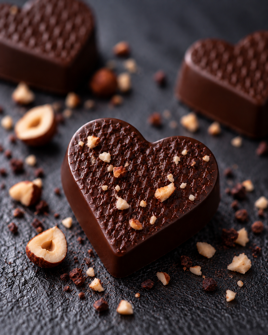 Einzelne Bio Keto Cacao Nib Crunch Praline von Elly Momberg auf grauem Hintergrund