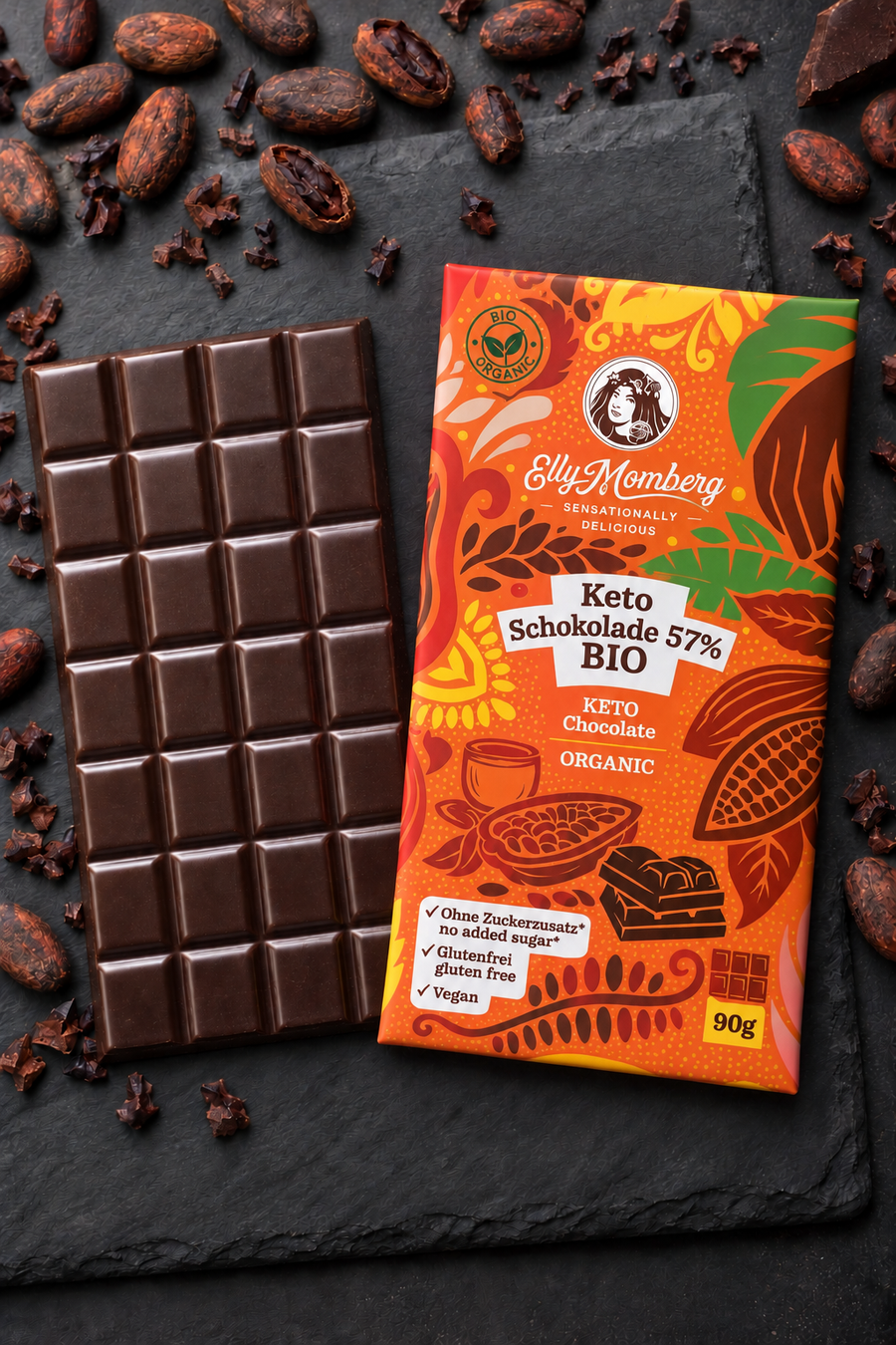 Bio Keto Schokolade vegan von Elly Momberg, Schokoladenpackung mit Schokolade