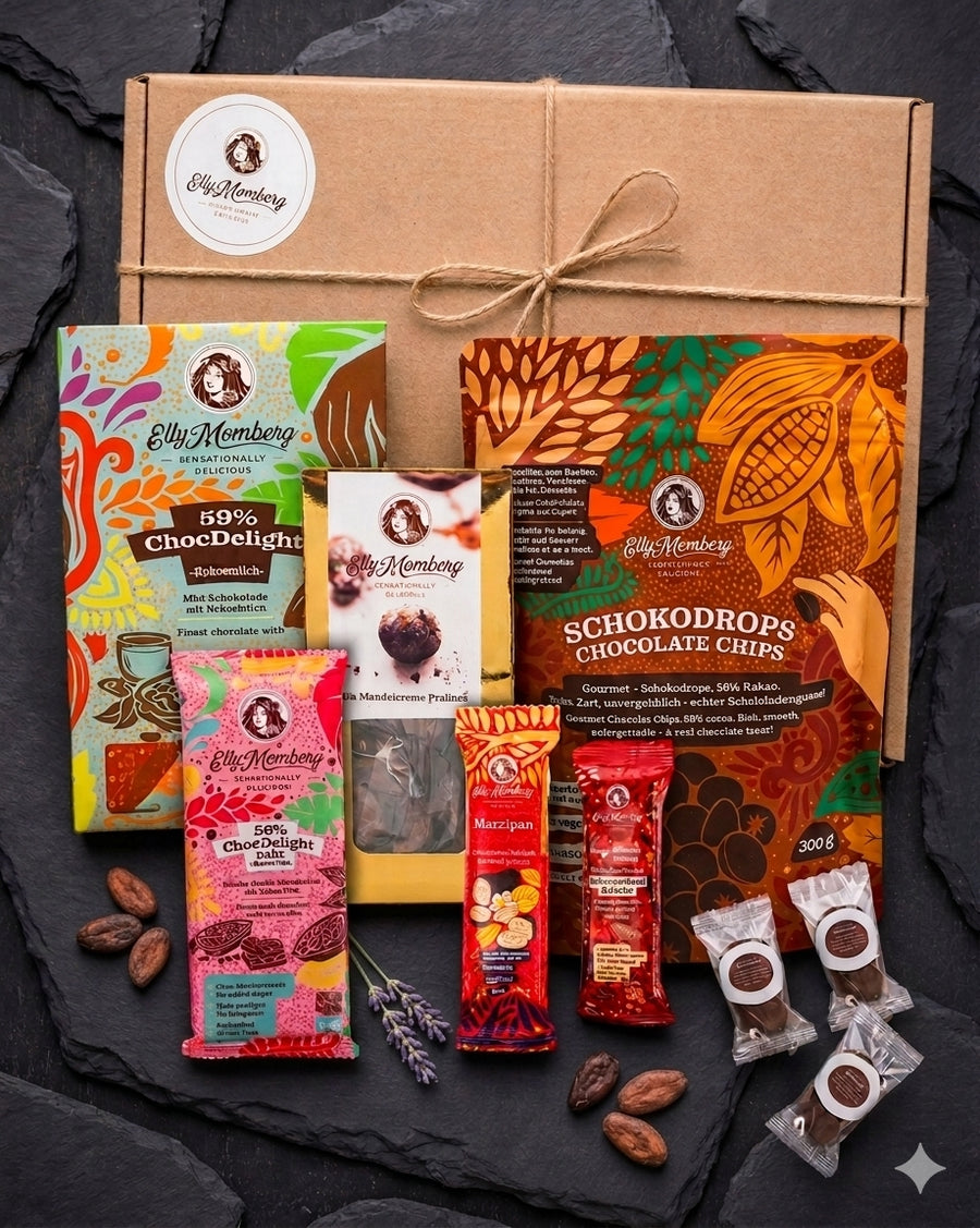 Probier-Set Vielfalt mit Schokolade, Pralinen und Schokodrops ohne Zuckerzusatz und vegan. Bild zeigt alle enthaltenen Produkte