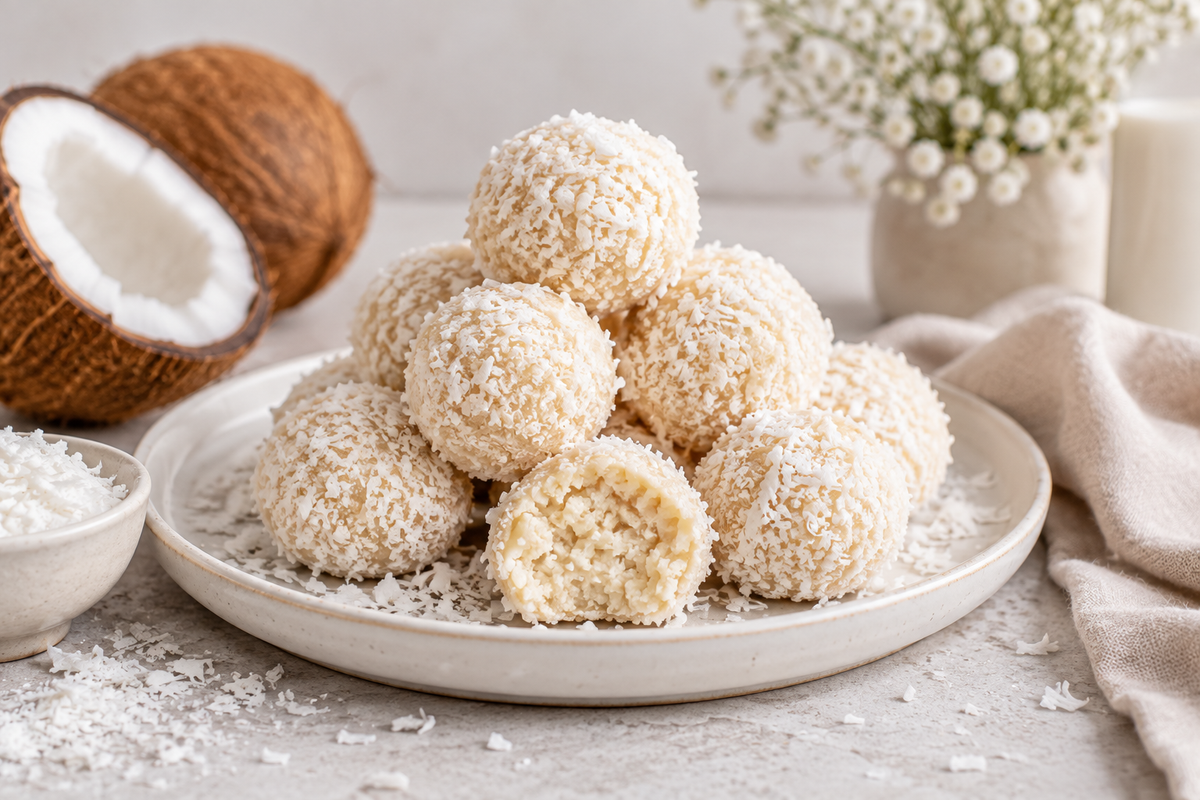 Vegane Raffaello-Kokosbällchen mit Kokosraspeln und frischer Kokosnuss