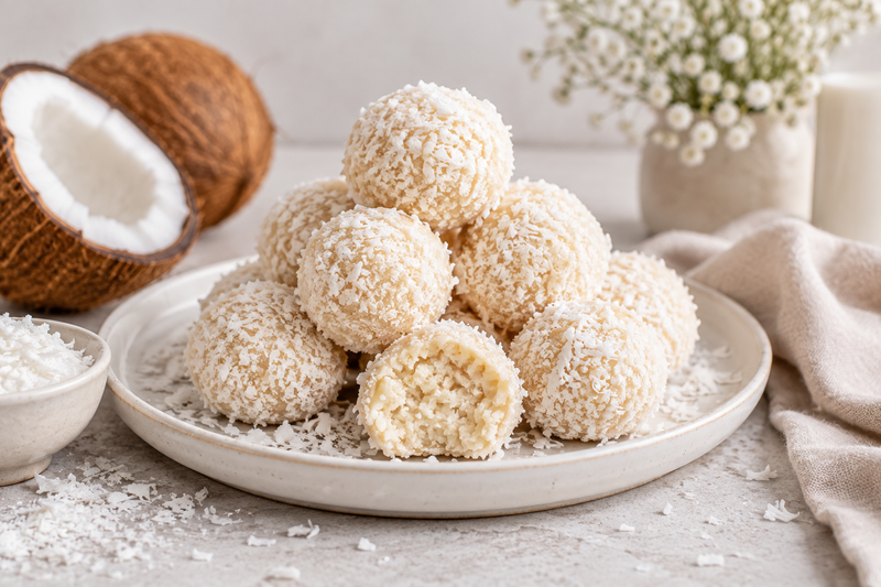 Vegane Raffaello-Kokosbällchen mit Kokosraspeln und frischer Kokosnuss