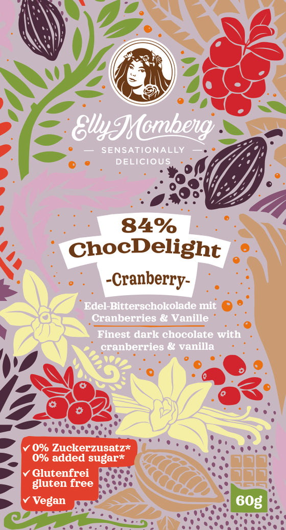 ChocDelight 84% Zartbitterschokolade mit Vanille und Cranberries 60g