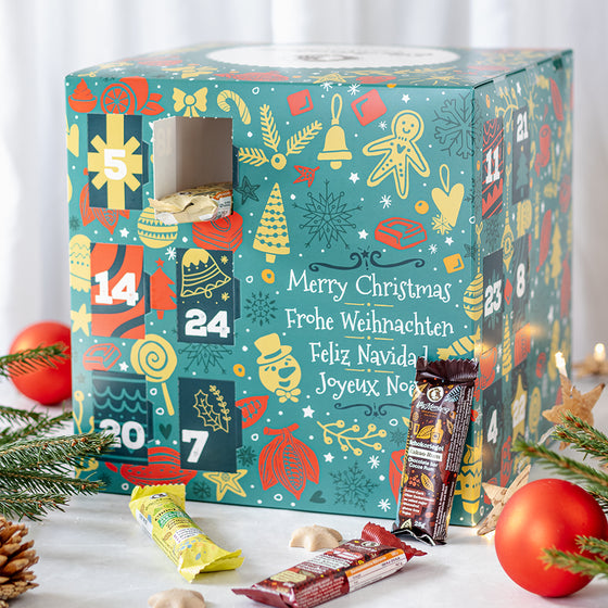 Veganer Advents-/Weihnachtskalender - Weihnachtsbox 2023 - CUBE - vegan - keto - low carb - ohne Zuckerzusatz - glutenfrei -.