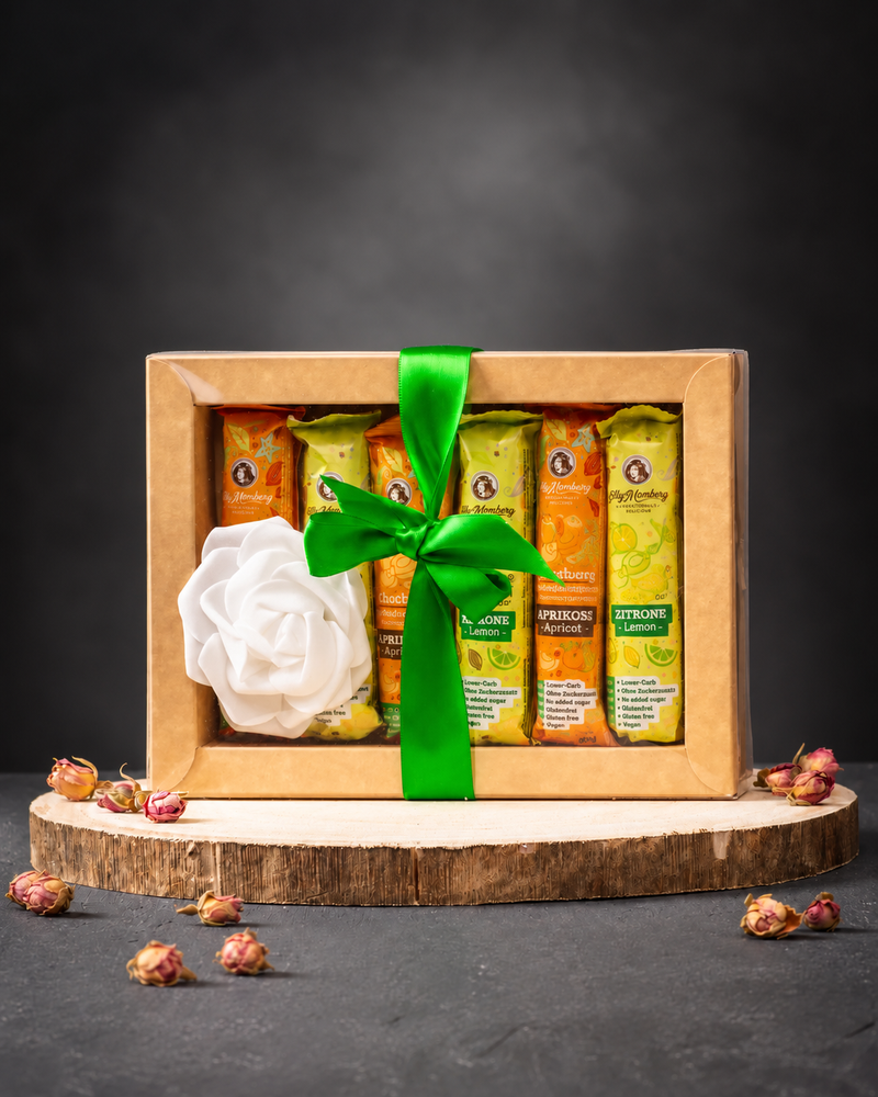 Geschenk-Set mit ChocLine Schokoladen Riegel, Geschmack von Zitrone und Aprikosen von Elly Momberg