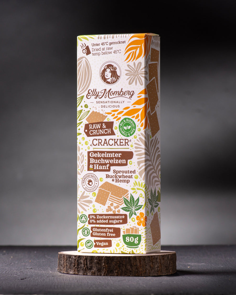 Bio Raw Kräckers, Knäckebrot, Snack, Buchweizen & Hanf; ohne Zuckerzusatz, vegan und glutenfrei. 