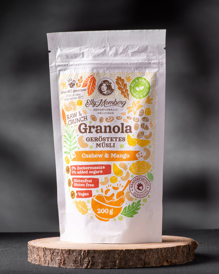 Organic Raw quality granola with  buckwheat, sunflower seeds, carob, mango and cashew, no added sugar, gluten free, vegan