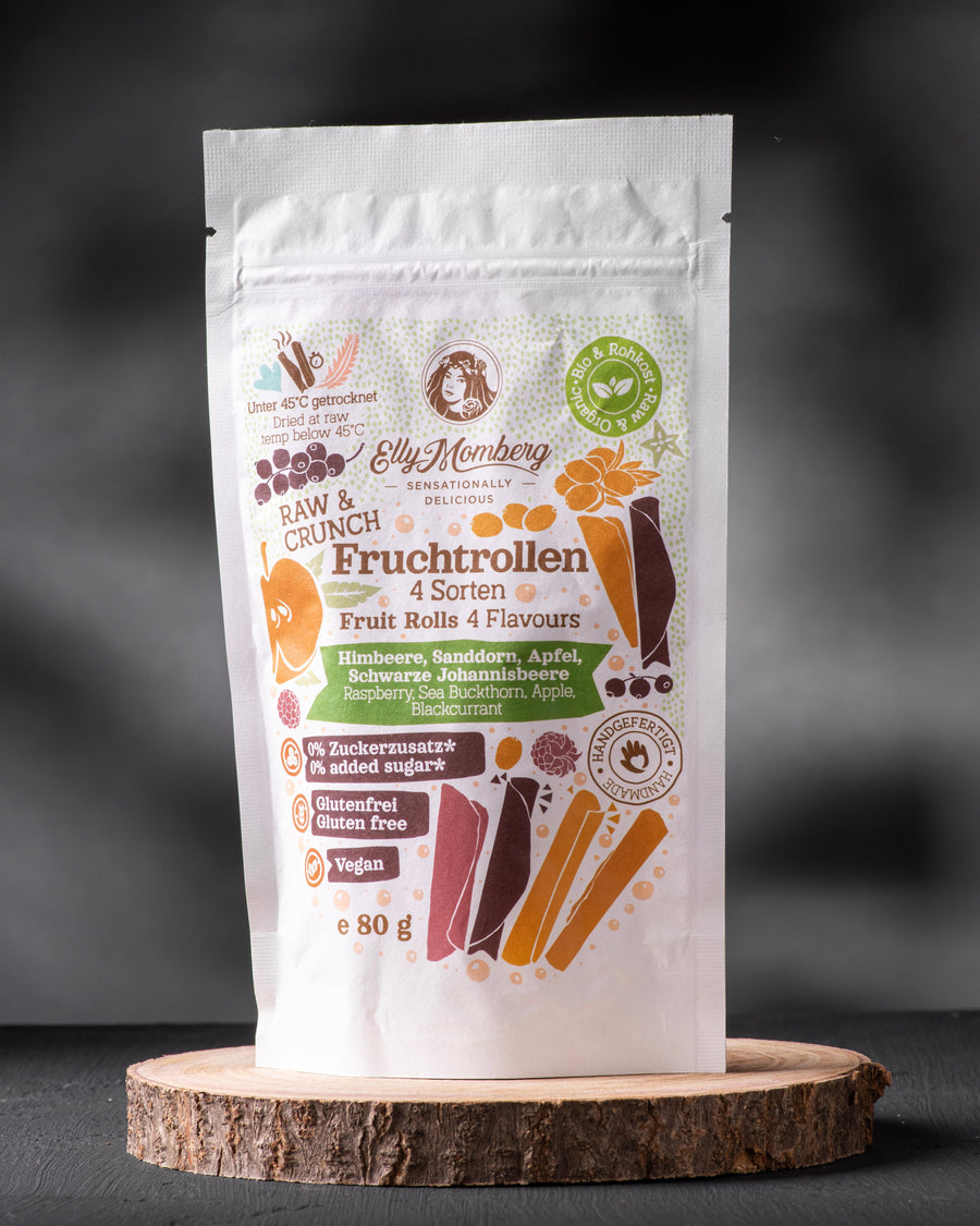 Rohkost Fruchtrollen Himbeere; Sanddorn, Apfel, Schwarze Johannisbeere mit Datteln, Snack, Brotzeit, 4 Sorten
