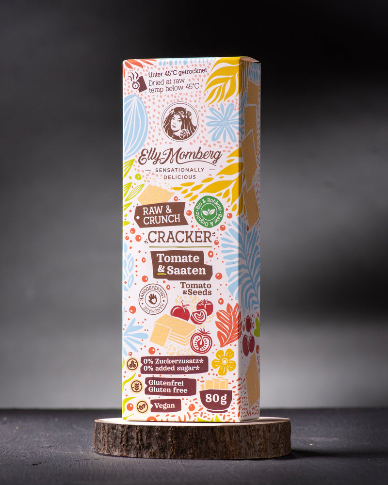 Organic Raw Crackers tomato and seeds,
no added sugar, vegan, gluten free, diabetics

Bio Rohkost Kräcker Tomate & Samen; ohne Zuckerzusatz, vegan, glutenfrei, für Diabetiker geeignet, Elly Momberg.