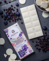 White coconut milk Chocolate bar 40% with black currants, bar of chocolate, keto friendly, chocolate, with coconut chips, no added sugar, vegan, gluten free, diabetics, keto diet, bar of chocolate