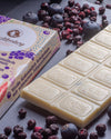 White coconut milk Chocolate bar 40% with black currants, bar of chocolate, keto friendly, chocolate, with coconut chips, no added sugar, vegan, gluten free, diabetics, keto diet, bar of chocolate