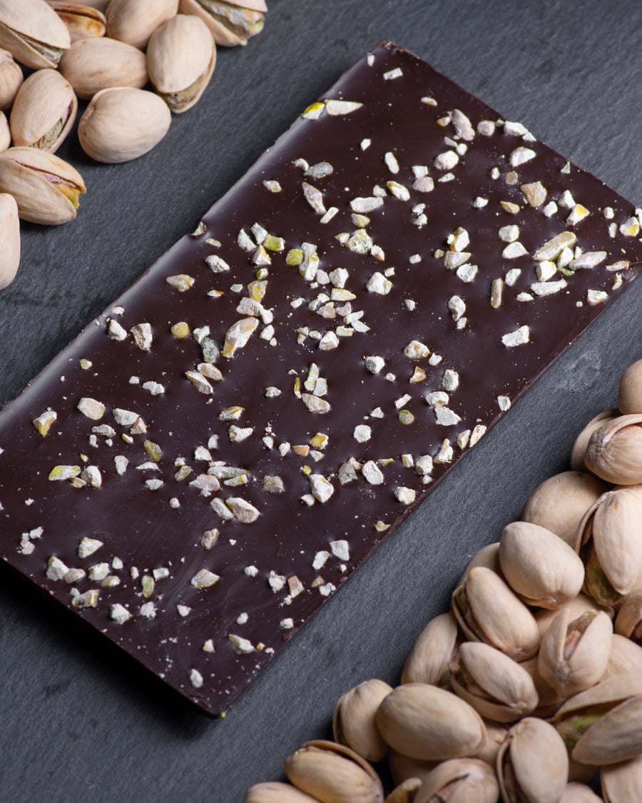  72% ChocDelight with roasted  pistachios dark chocolate bar, keto chocolate, no added sugar, vegan, gluten free, diabetics, keto diet, bar of chocolatepistachios around