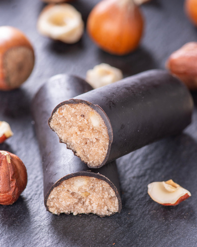 ChocLine chocolate nougat gourmet bar hazelnut with coconut cream filling, coated with dark chocolate, snack, no added sugar, vcsegan, gluten free, lower carb, keto, for diabetics