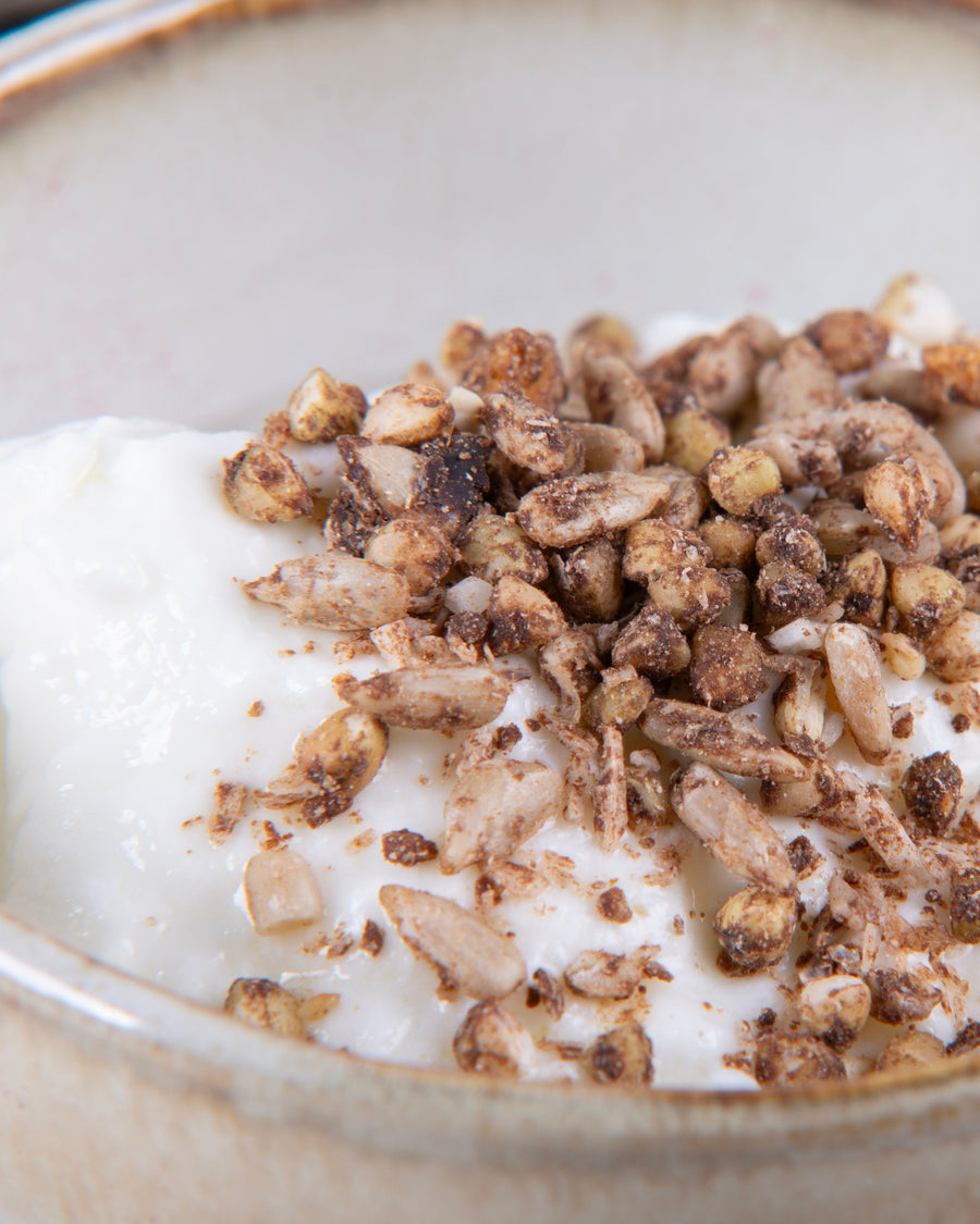 Organic Raw quality granola with  buckwheat, sunflower seeds, carob, mango and cashew, no added sugar, gluten free, vegan
