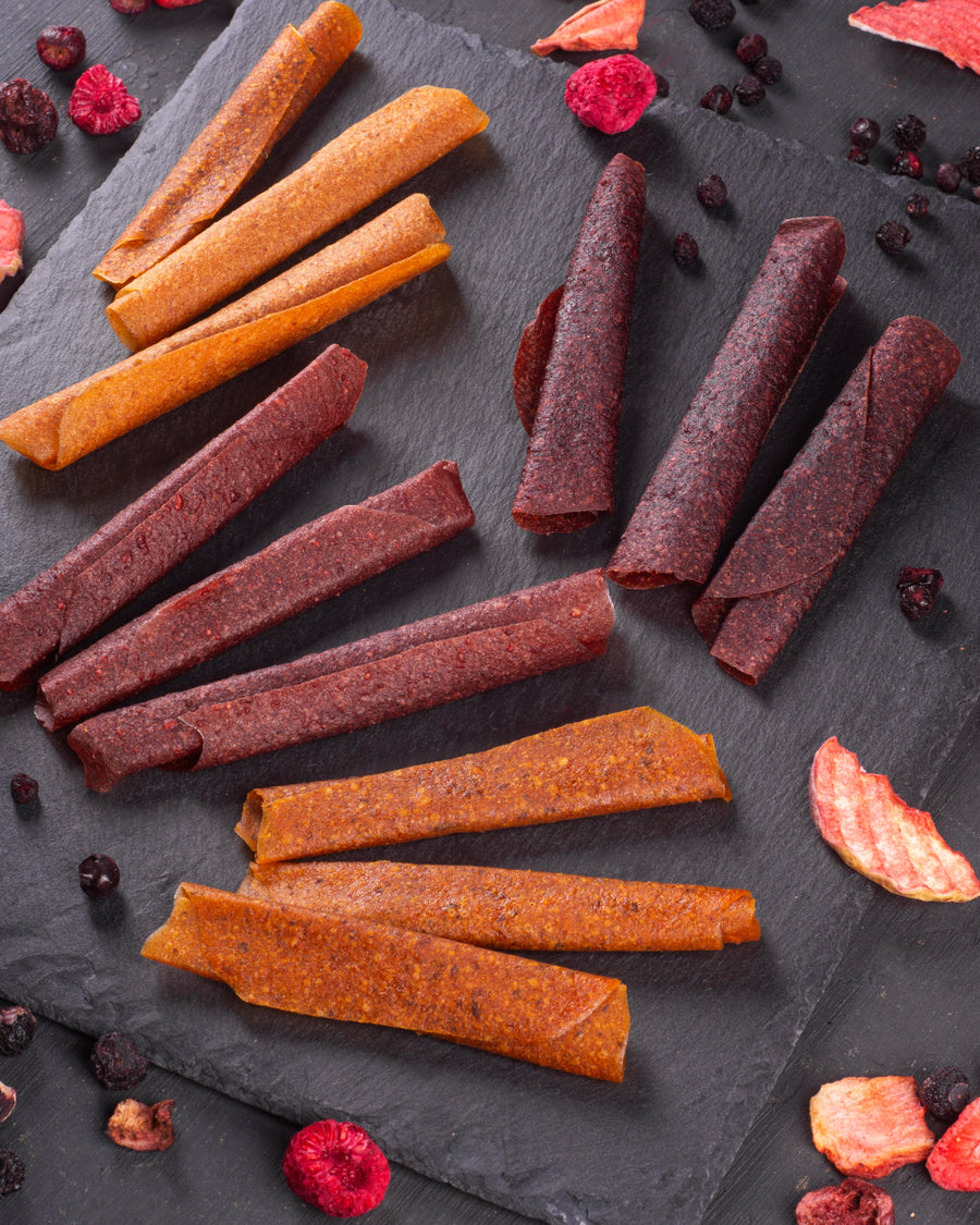 Rohkost Fruchtrollen Sanddorn, Schwarze Johannisbeere, Apfel, Himbeere, Dattel, Snack, Brotzeit