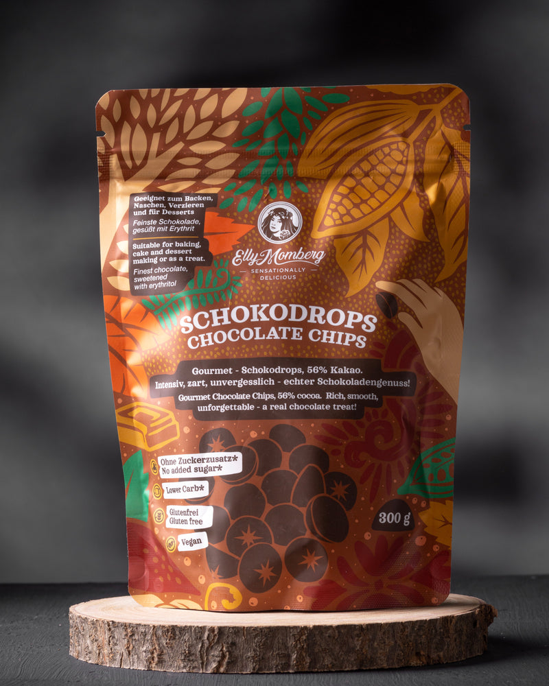 Elly Momberg, Dunkle Schokodrops mit 56% Kakao, zum Backen und für Desserts. Vegan, glutenfrei und ohne Zuckerzusatz. 