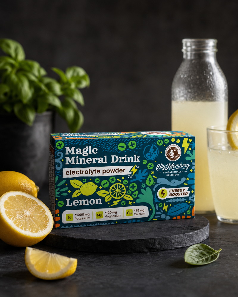 Electrolyte Mineral Getränk mit Zitronegeschmack und Limonade im Hintergrund. 