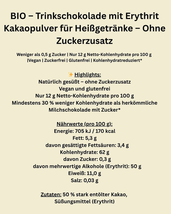 ORGANIC - Drinking Chocolate with Erythritol- VEGAN - No added sugar* - gluten free - 200 g - 2305