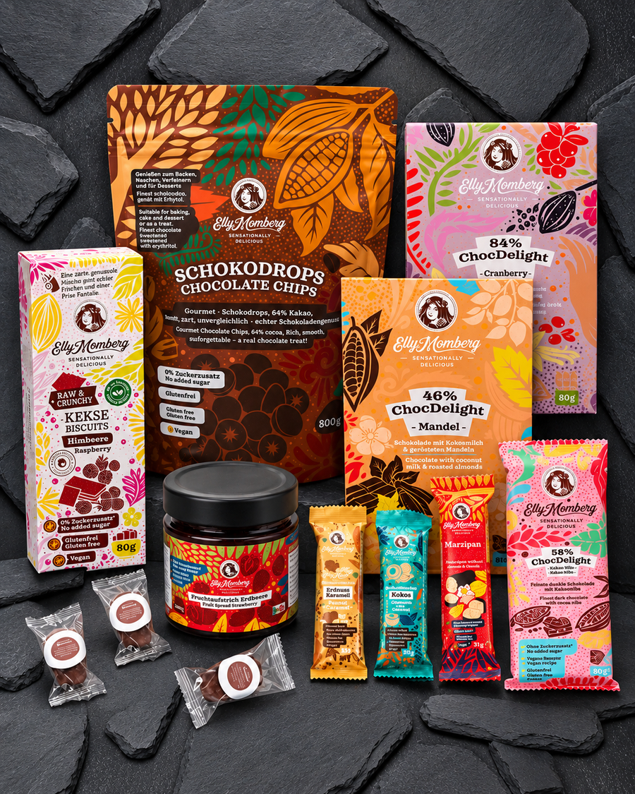 Probier-Set von Elly Momberg Gross. Schokolade, Marmelade und Kekse ohne Zuckerzusatz, vegan, glutenfrei