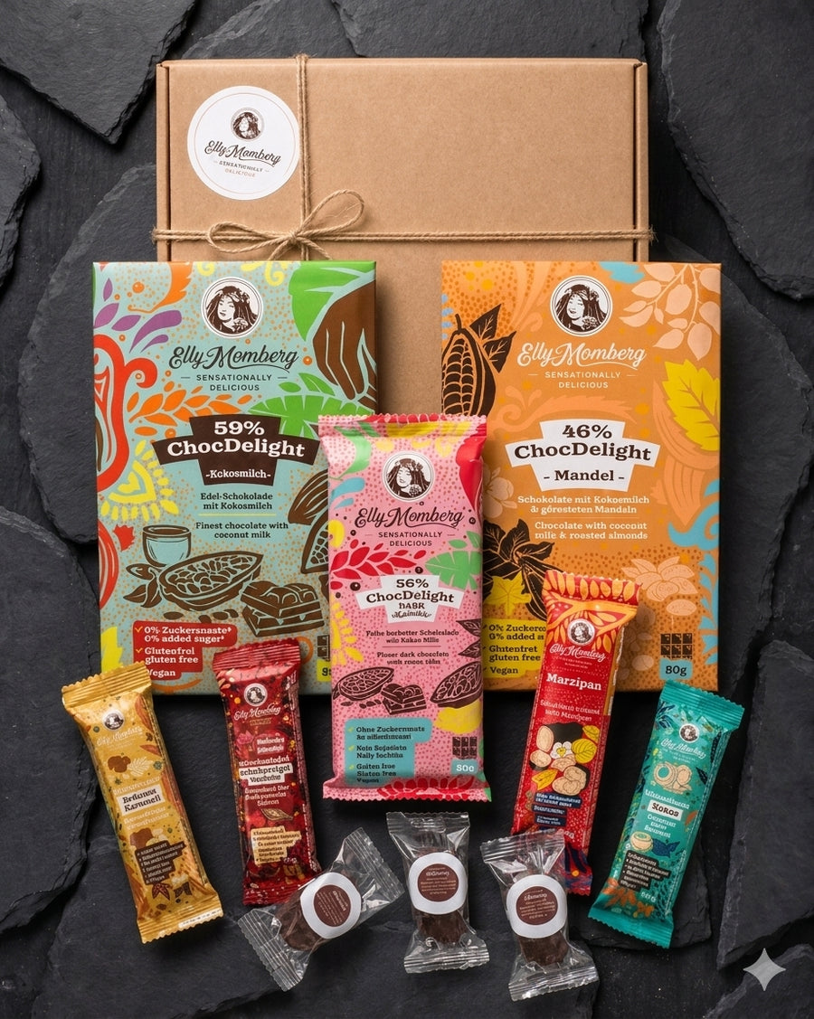 Probier-Set Klein mit Schokolade, Riegeln und Pralinen. Ohne Zucker, vegan, für Diabetiker, Bild zeigt alle Produkte.