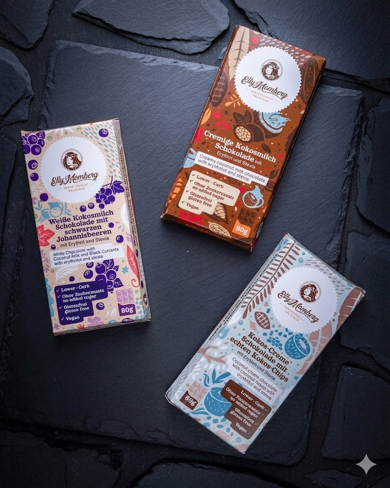 Schokoladen Trio ohne Zuckerzusatz, zuckerfrei, vegan, weiße Schokolade, Kokosmilch, schwarze Johannisbeere, Diabetiker, Früchte, Unverträglichkeit, laktosefrei, Elly Momberg