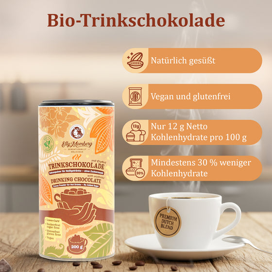 ORGANIC - Drinking Chocolate with Erythritol- VEGAN - No added sugar* - gluten free - 200 g - 2305
