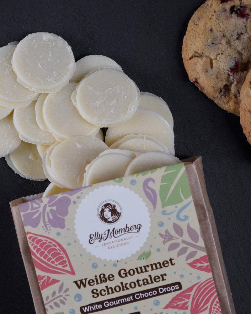 Weiße Schokolade, Schokodrops zum Backen und für Desserts. Vegan, glutenfrei und ohne Zuckerzusatz. 