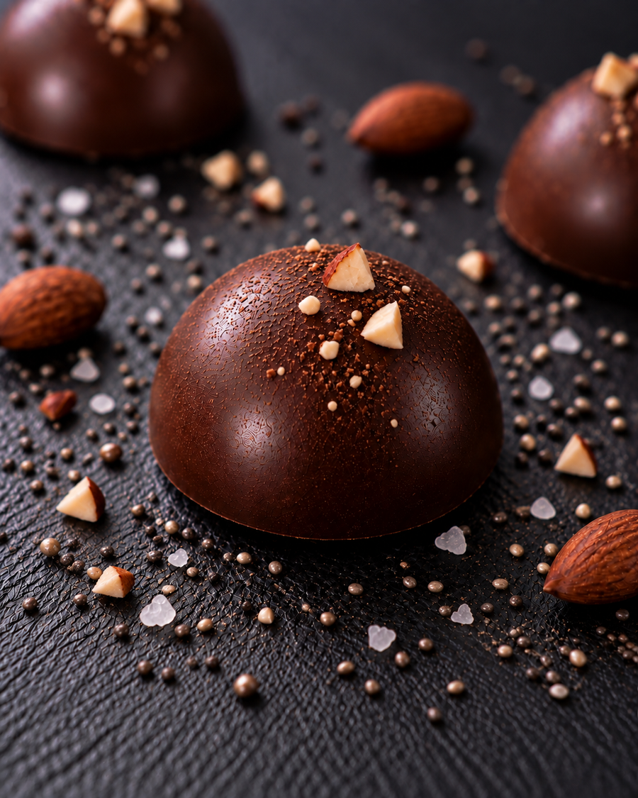 Einzelne Bio Keto Chia Mandel Crunch Praline von Elly Momberg auf grauem Hintergrund