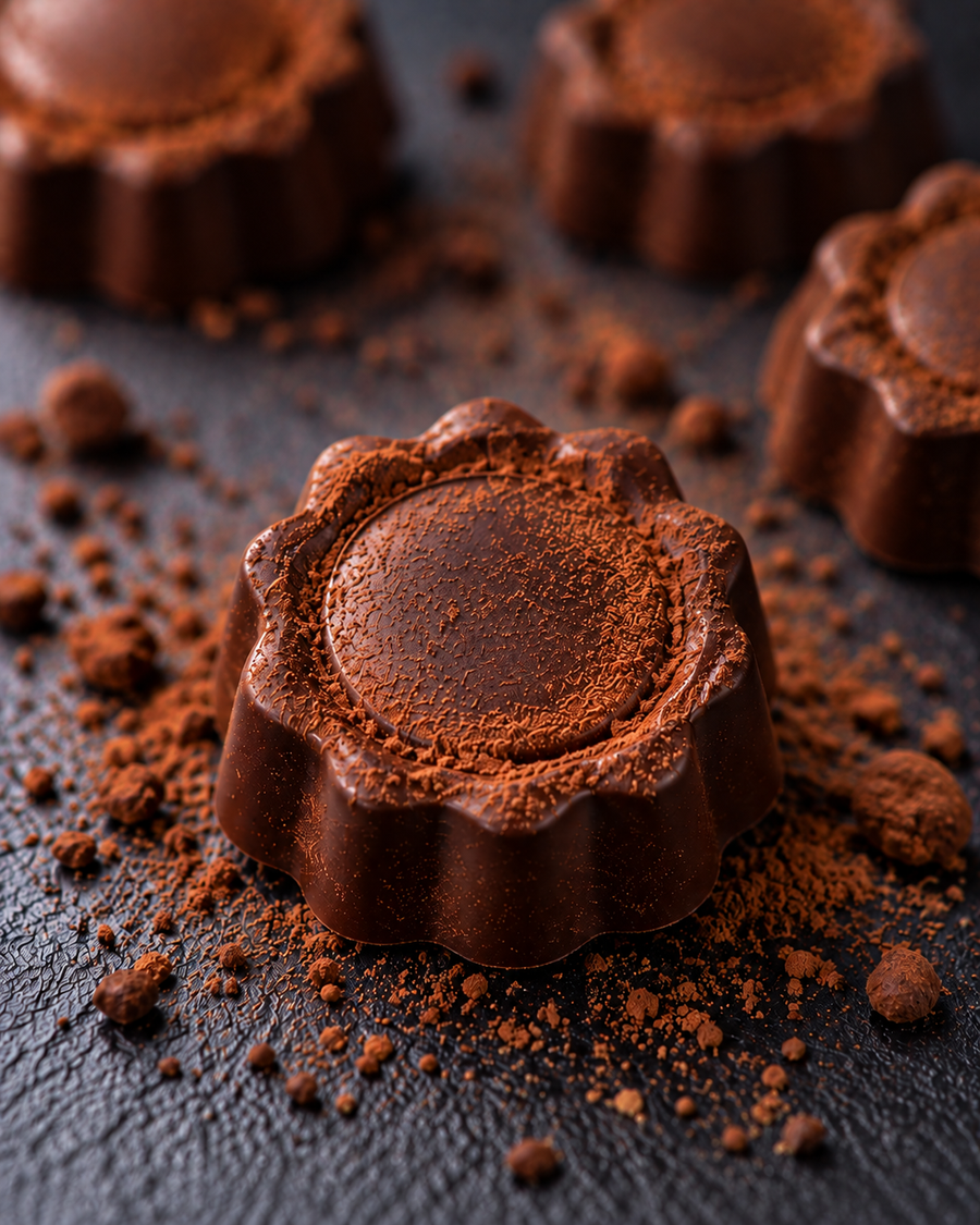 Einzelne Bio Keto Haselnuss Praline von Elly Momberg auf grauem Hintergrund