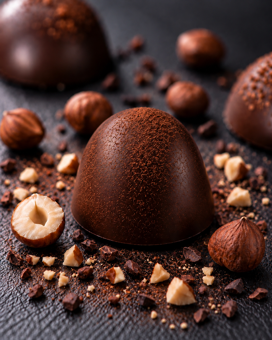 Bio Keto Cacao Nib Praline mit Haselnüssen und Kakao Nibs von Elly Momberg auf grauem Hintergrund