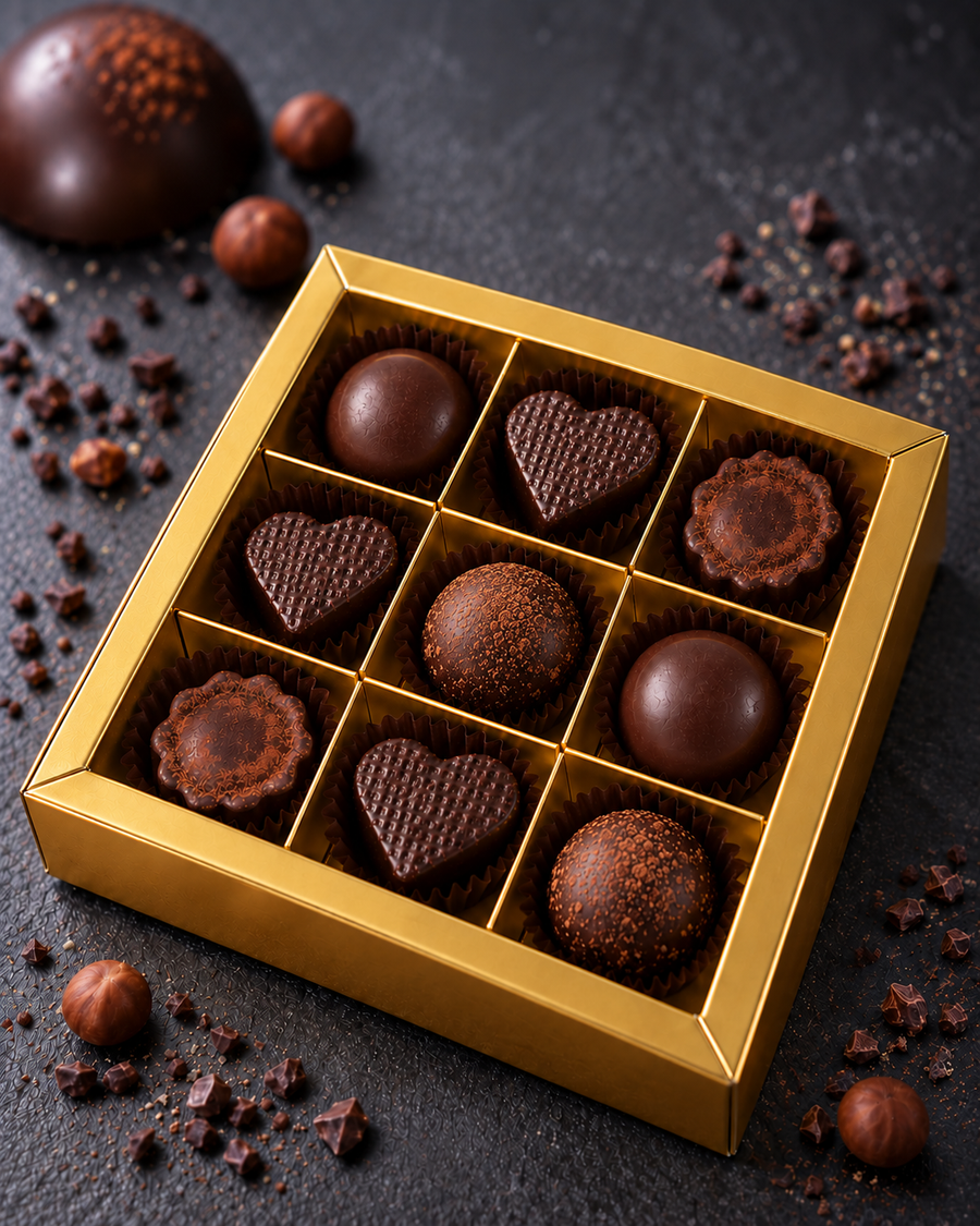 Bio Keto Pralinen Geschenkbox von Elly Momberg in den Sorten: Haselnuss-Herz, Chia-Mandel-Crunch, Haselnuss-Trüffel  und Cacao Nib Crunch auf grauem Hintergrund