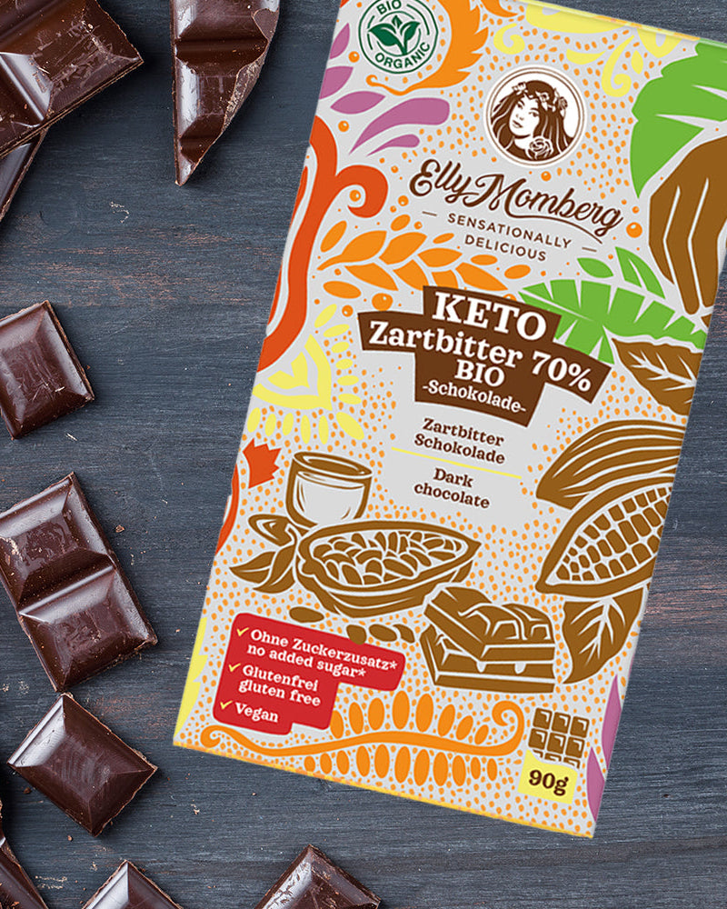 ChocDelight Bio Keto Zartbitterschokolade mit 70 % Kakao, vegan und ohne Zuckerzusatz, 90 g