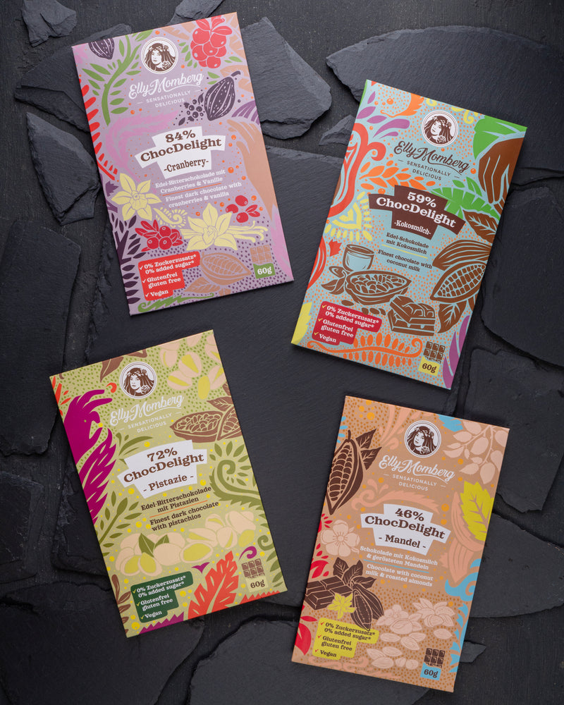 ChocDelight Schokoladentafeln 4er Set mit vier Schokoladensorten ohne Zuckerzusatz und vegan von Elly Momberg. Bild zeigt 4 Schokoladenpackungen