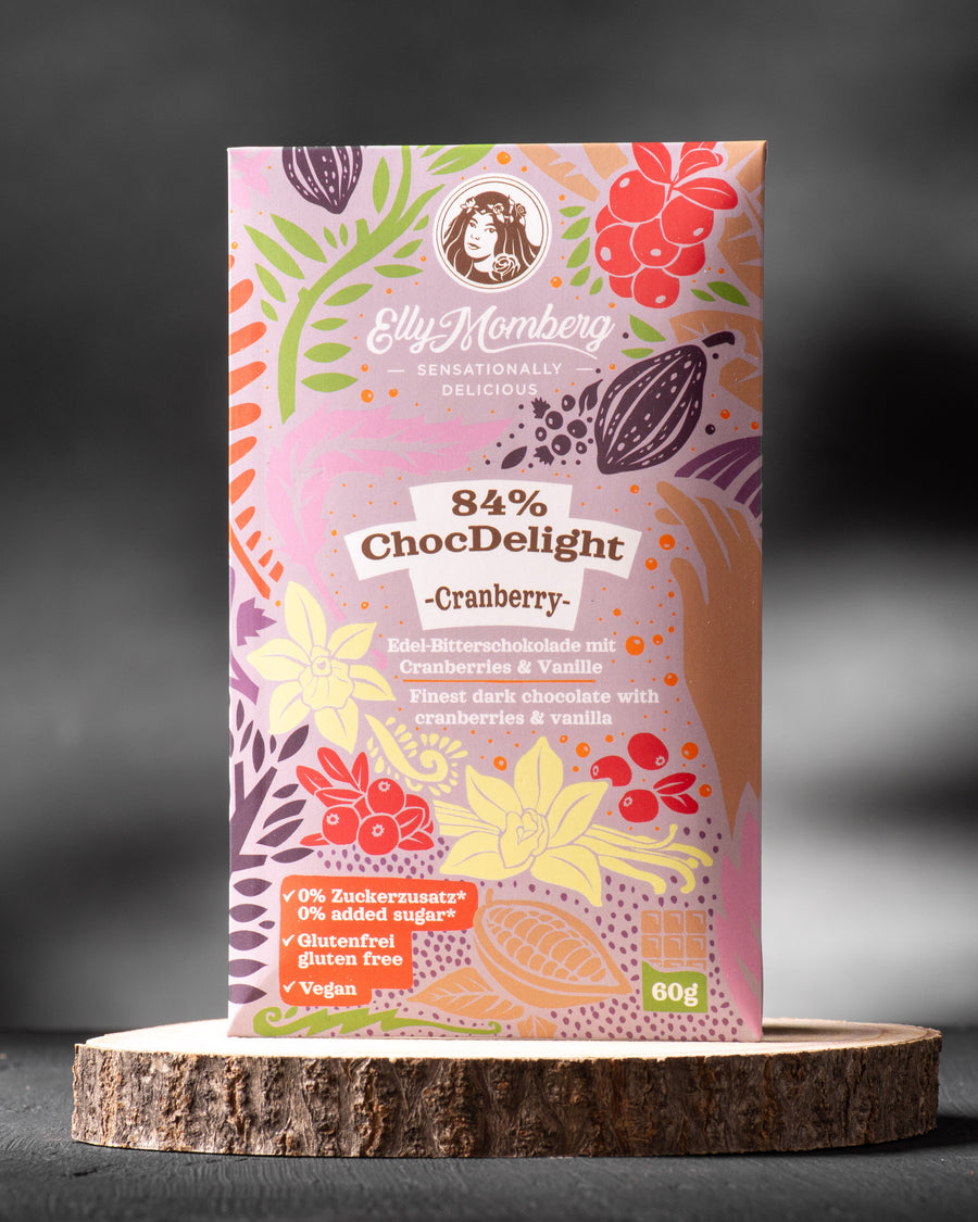 46 %  Schokoladentafel ChocDelight mit Mandeln, ohne Zuckerzusatz und vegan für Diabetiker geeignet von Elly Momberg, zeigt Schokoladen Verpackung