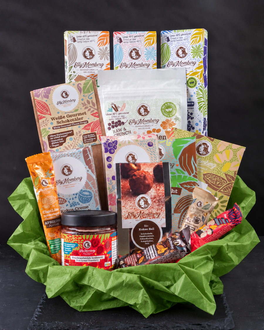Geburtstags Geschenk mit Schokolade ohne Zucker, vegan, glutenfrei in schöner Gesburtstagstasche auch für Diabetiker 