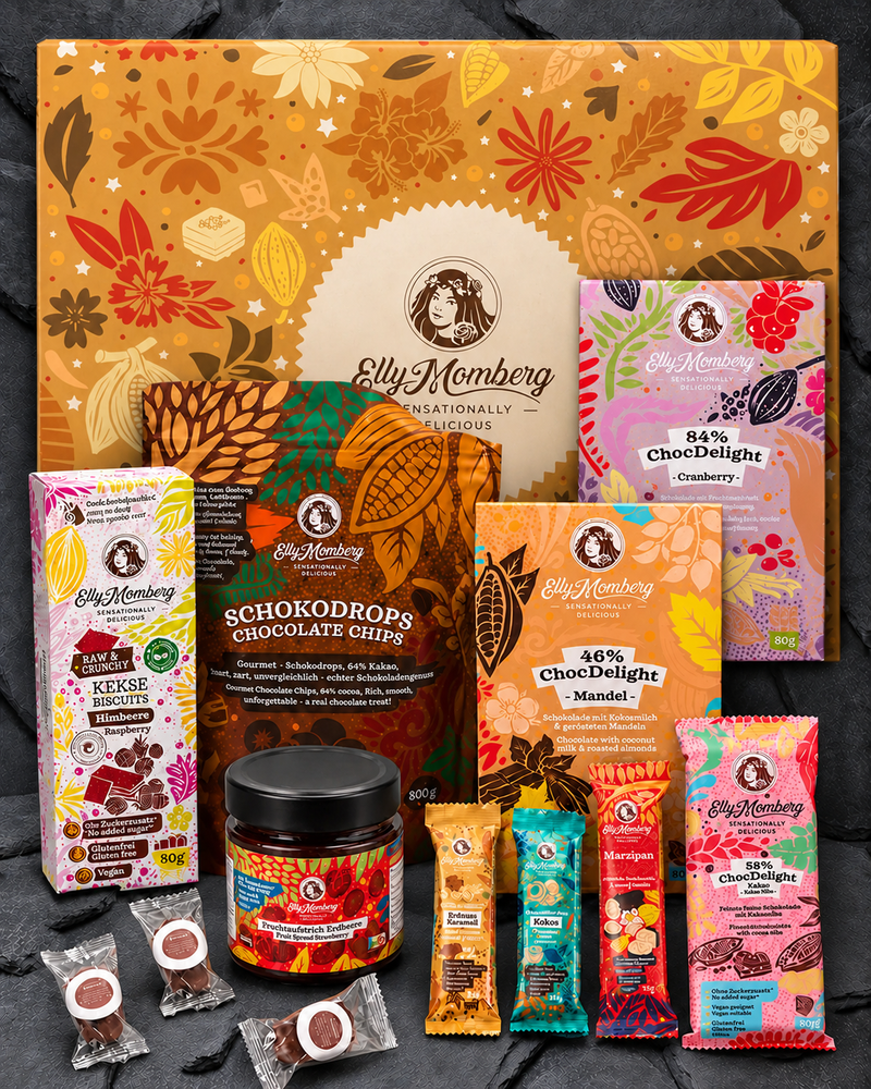 Probier-Set von Elly Momberg Gross vegan und ohne Zuckerzusatz. Zeigt alle enthaltenen Produkte mit schöner Geschenkbox 