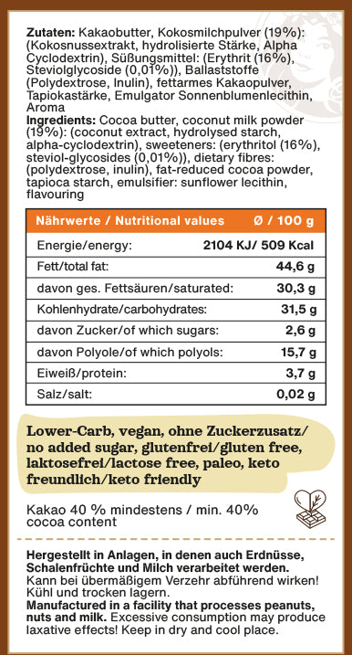 Cremige Kokosnussmilchschokolade 80g - Vegane Schokolade, ohne Zuckerzusatz und glutenfrei