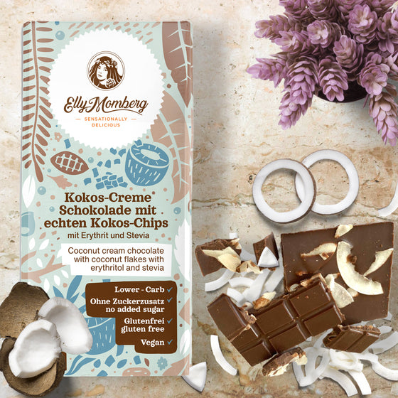Coconut Cream Chocolate with coconut chips 80g - Vegan Chocolate, No Added Sugar & Gluten Free - Classic